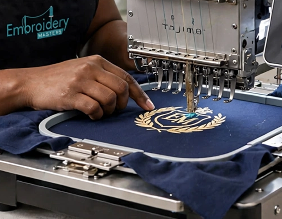 Machine embroidery on a school shirt pocket